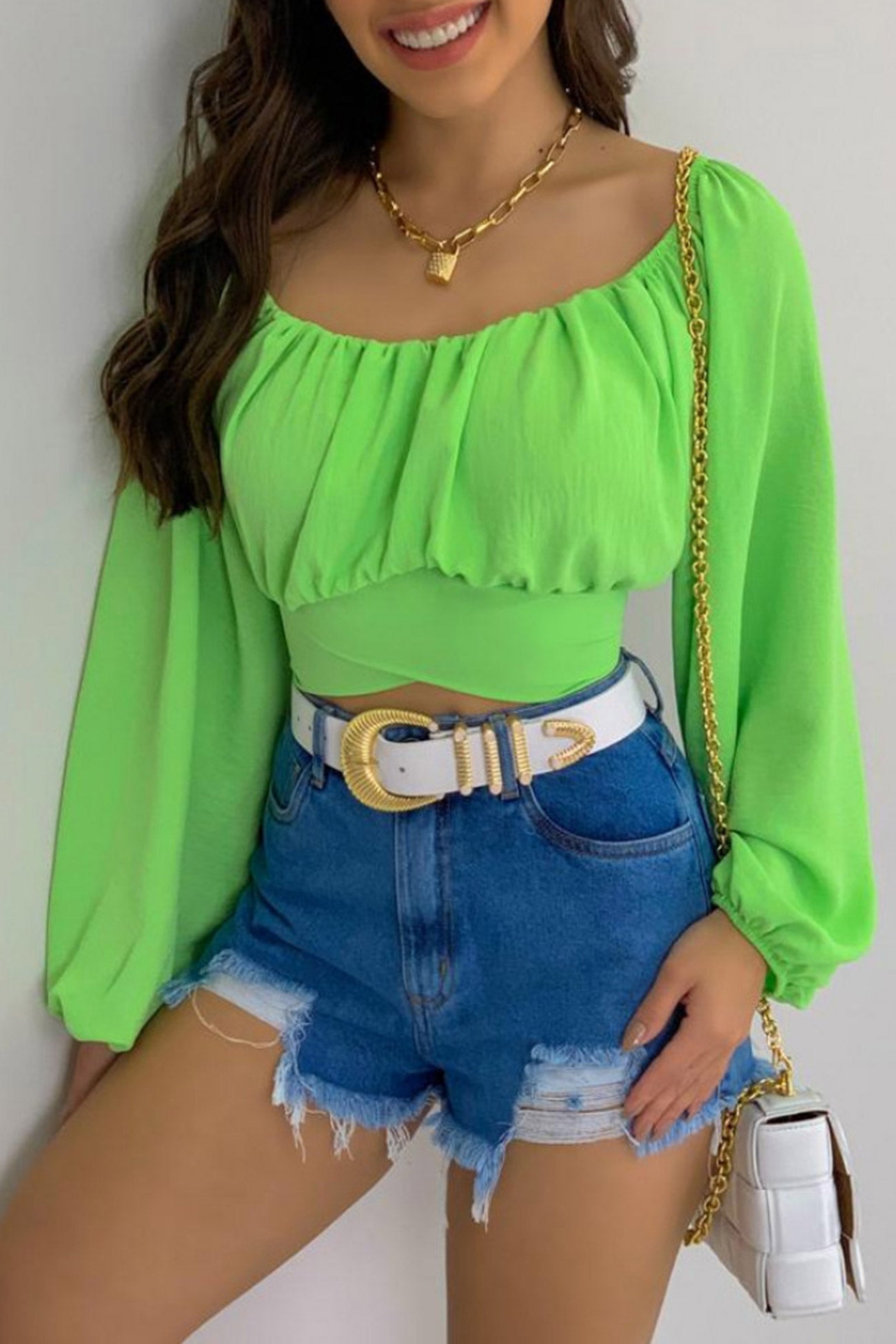 Fudus Cropped Top with Puff Sleeves