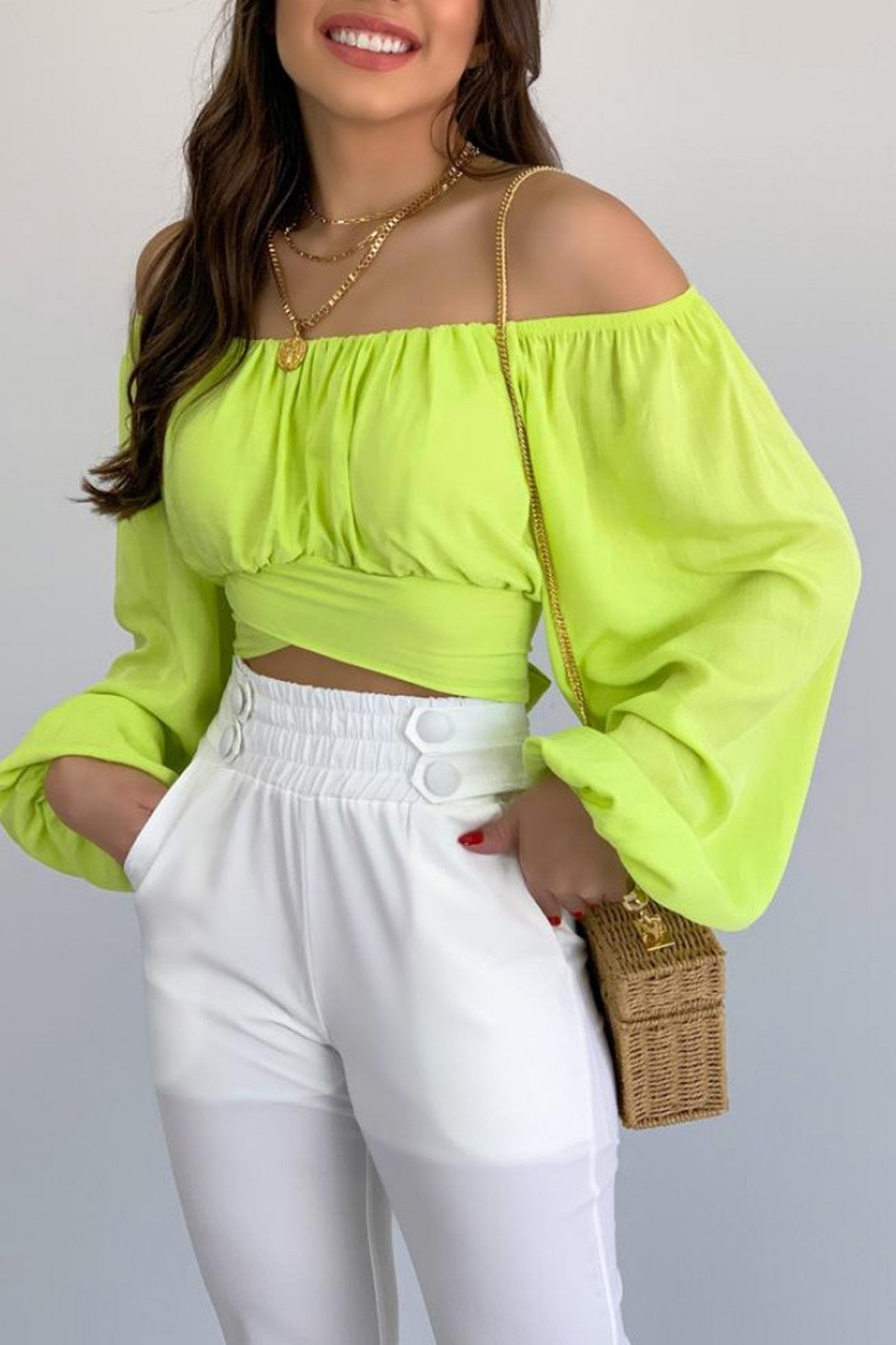 Fudus Cropped Top with Puff Sleeves
