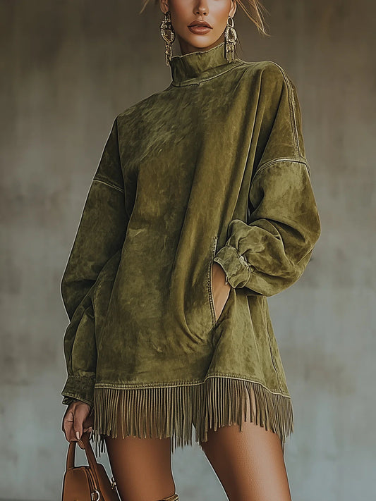 MODEGEIST Damen Fransen-Kleid Kunstwildleder Braun Relaxed