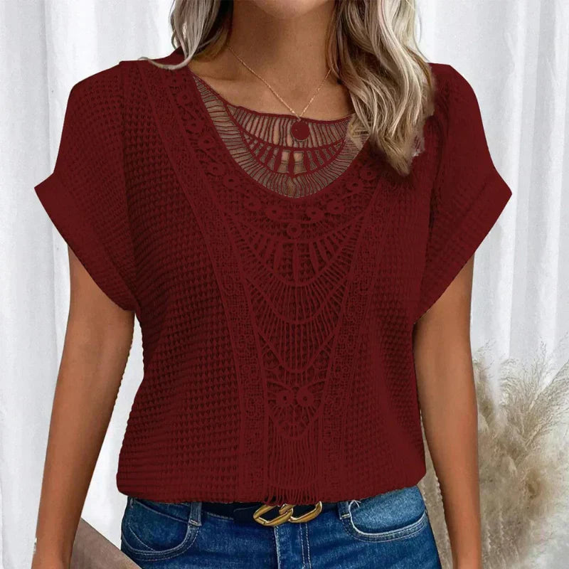MODEGEIST Damen Rundhals-Top Spitze kurzarm weich elegant