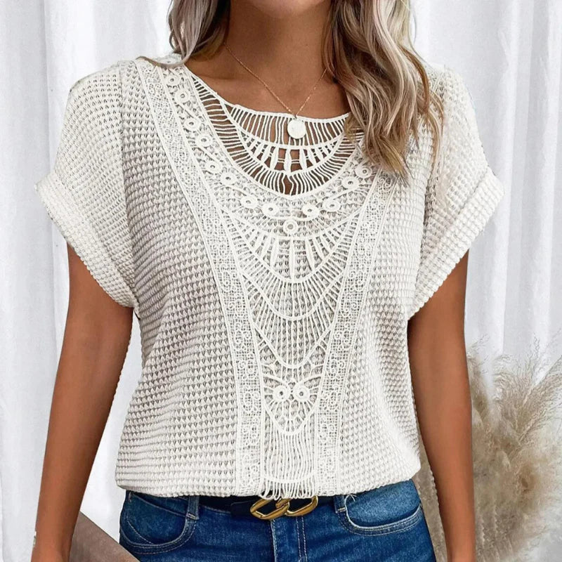 MODEGEIST Damen Rundhals-Top Spitze kurzarm weich elegant