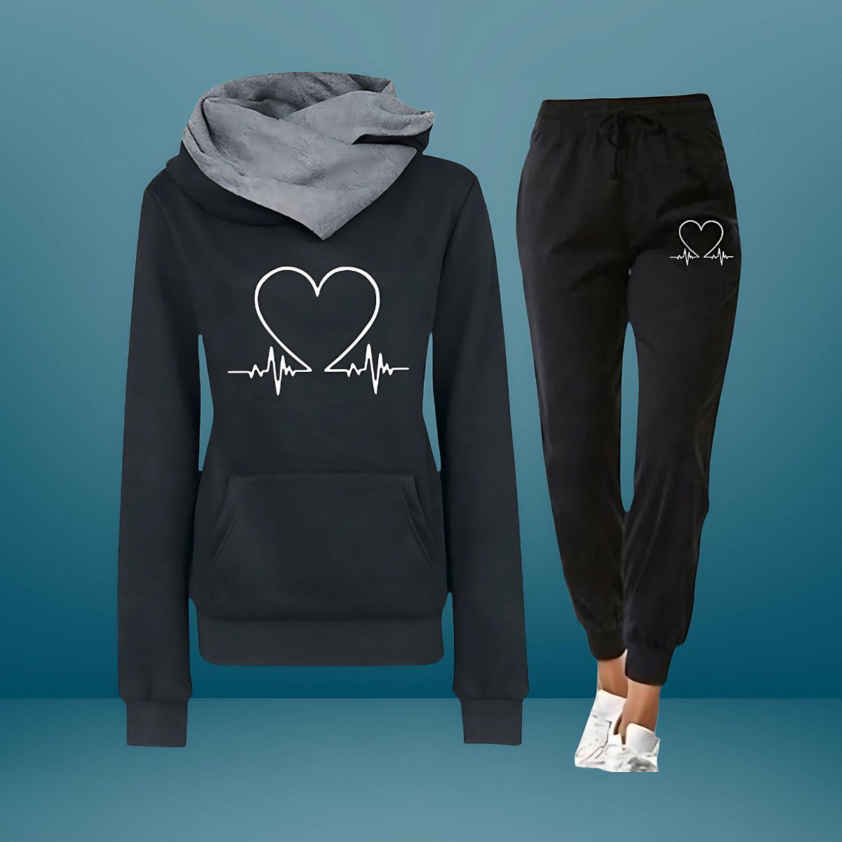 MODEGEIST Damen Zweiteiler-Set Weicher Stoff Entspannte Passform Herzschlag-Design