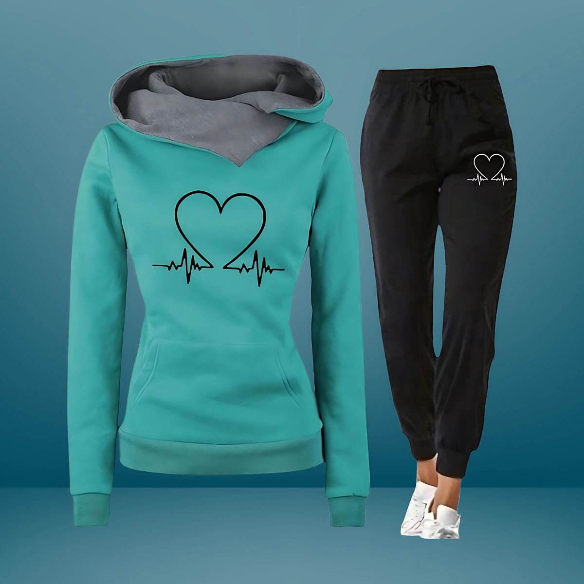 MODEGEIST Damen Zweiteiler-Set Weicher Stoff Entspannte Passform Herzschlag-Design