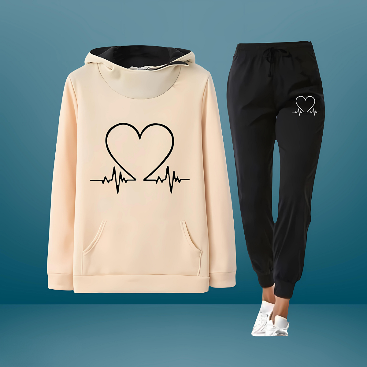MODEGEIST Damen Zweiteiler-Set Weicher Stoff Entspannte Passform Herzschlag-Design