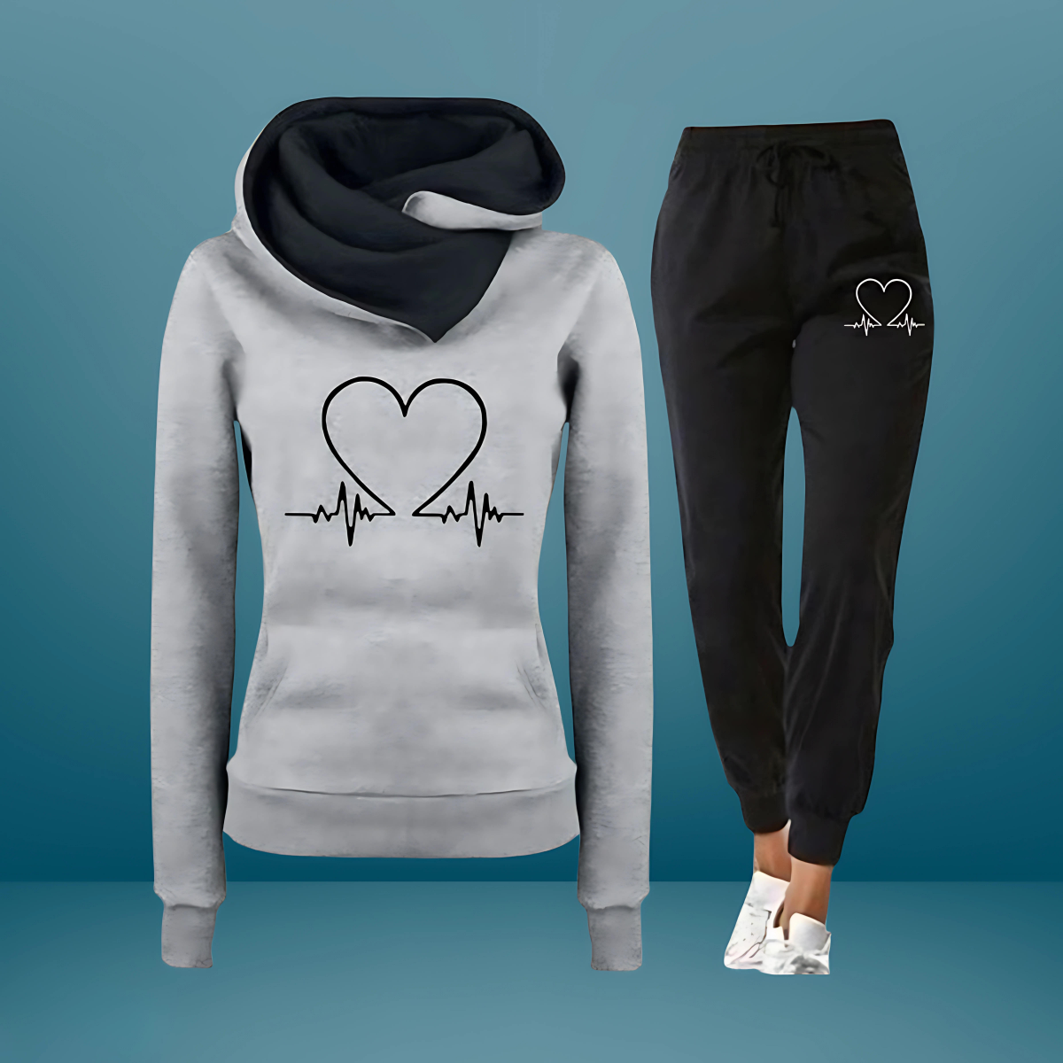 MODEGEIST Damen Zweiteiler-Set Weicher Stoff Entspannte Passform Herzschlag-Design