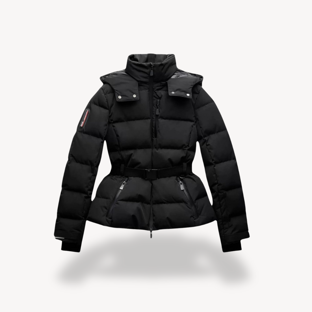 ModeGeist | Schwarze Damen Pufferjacke mit Gürtel und Hohem Kragen