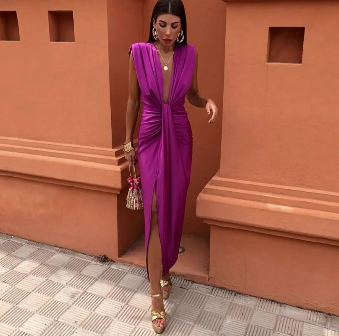 MODEGEIST Damen Plissee Midi-Kleid Weicher Stoff Fließendes Design
