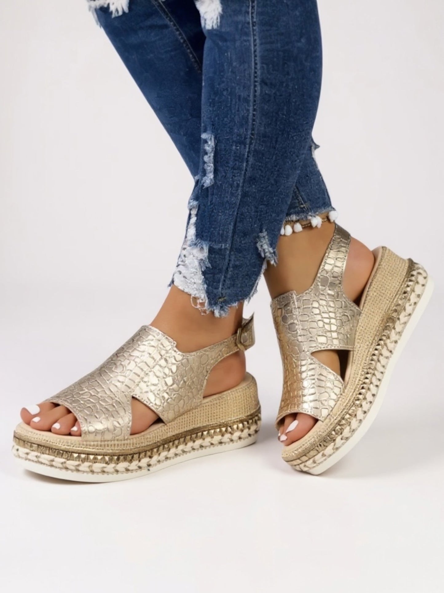 MODEGEIST Damen Plateau-Sandalen Metallic Verstellbare Riemen