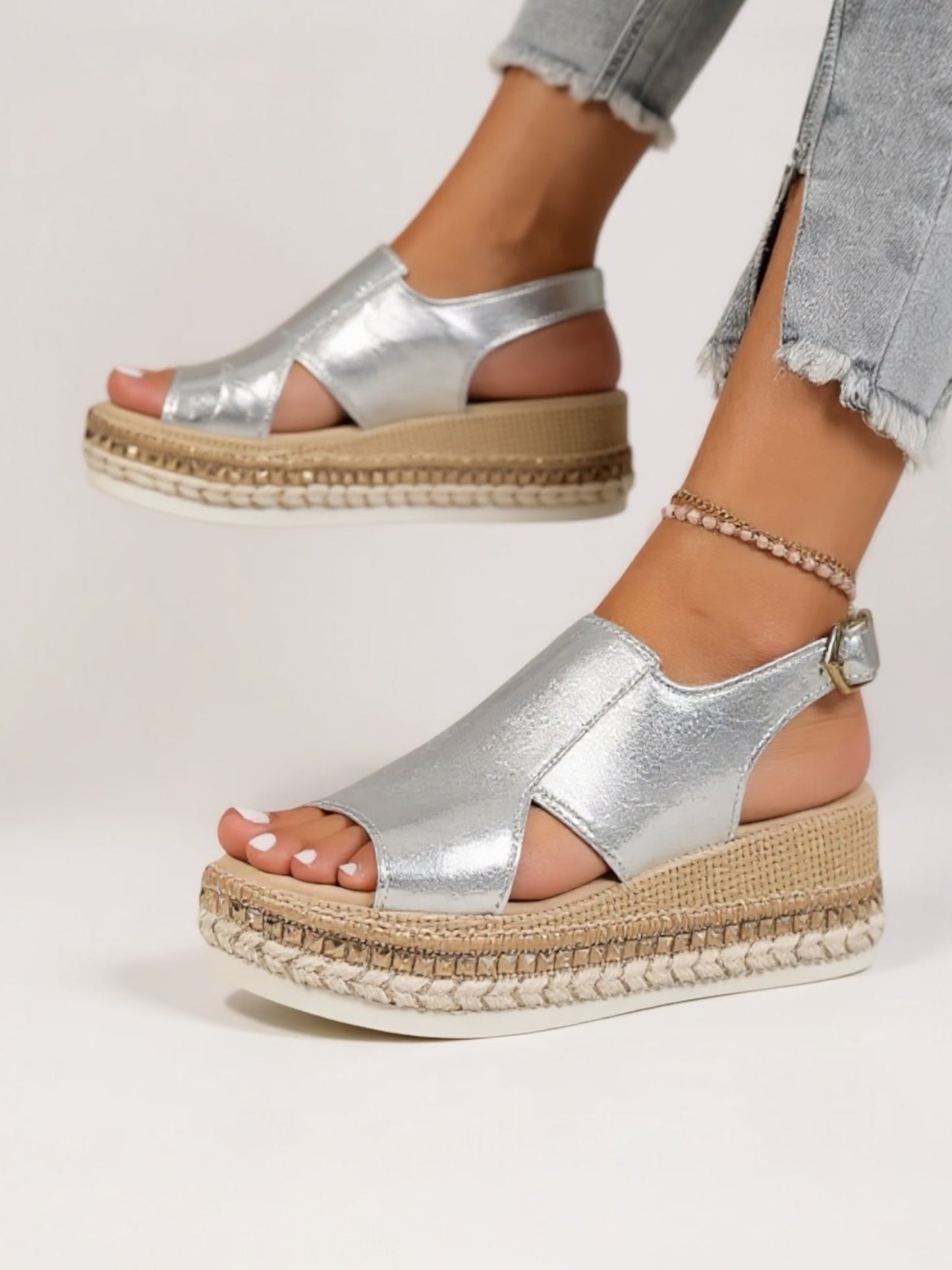 MODEGEIST Damen Plateau-Sandalen Metallic Gepolstert Verstellbar
