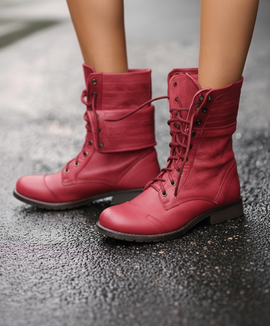 MODEGEIST Damen Schnürstiefel Vintage-Stil Leder Schwarz Robust
