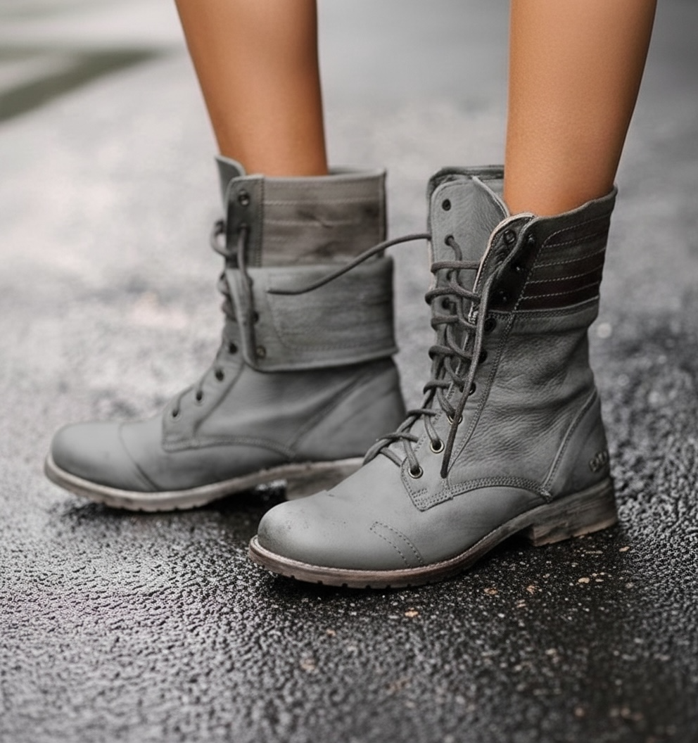 MODEGEIST Damen Schnürstiefel Vintage-Stil Leder Schwarz Robust