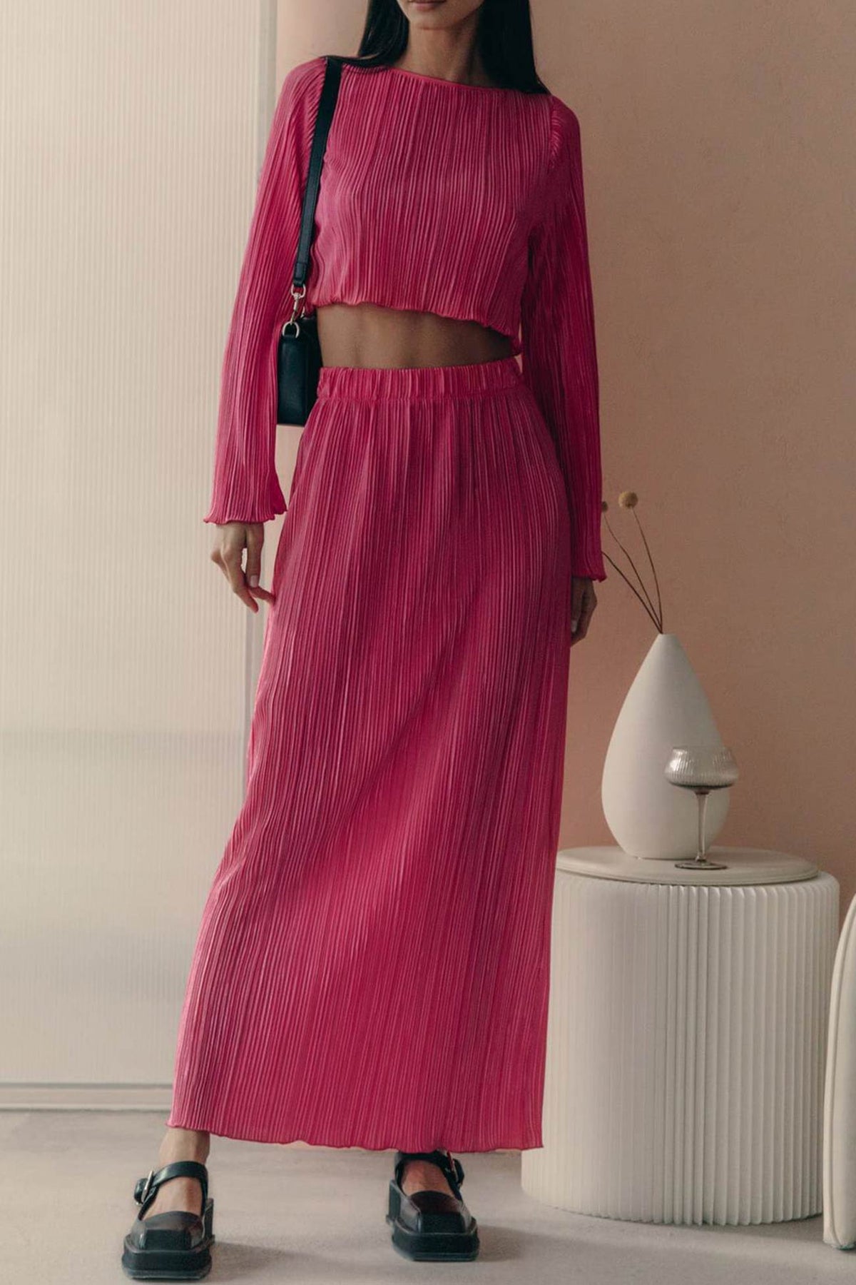 Fudus Flared-Sleeve Crop Top and Midi Skirt Set