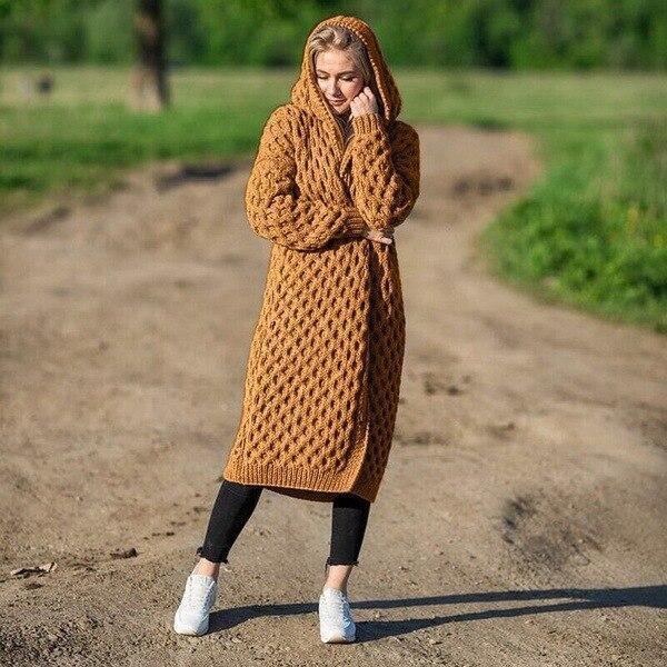 ModeGeist | Lange Strick Hoodie mit Kabelmuster Wolle/polyester Warm und Stilvoll