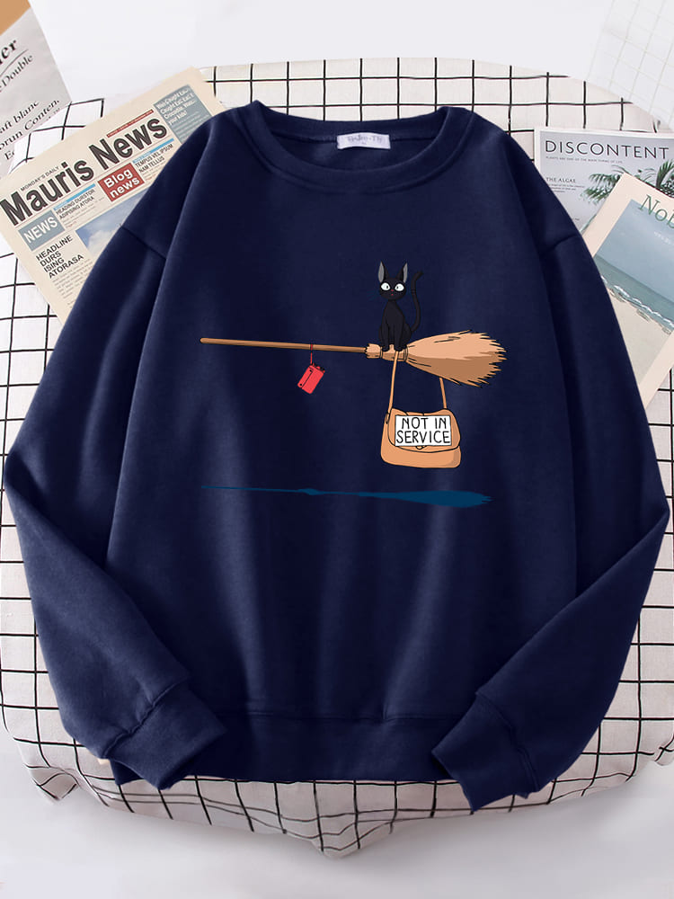 Damen-Pullover mit magischem Besen-Motiv für Katzenliebhaber