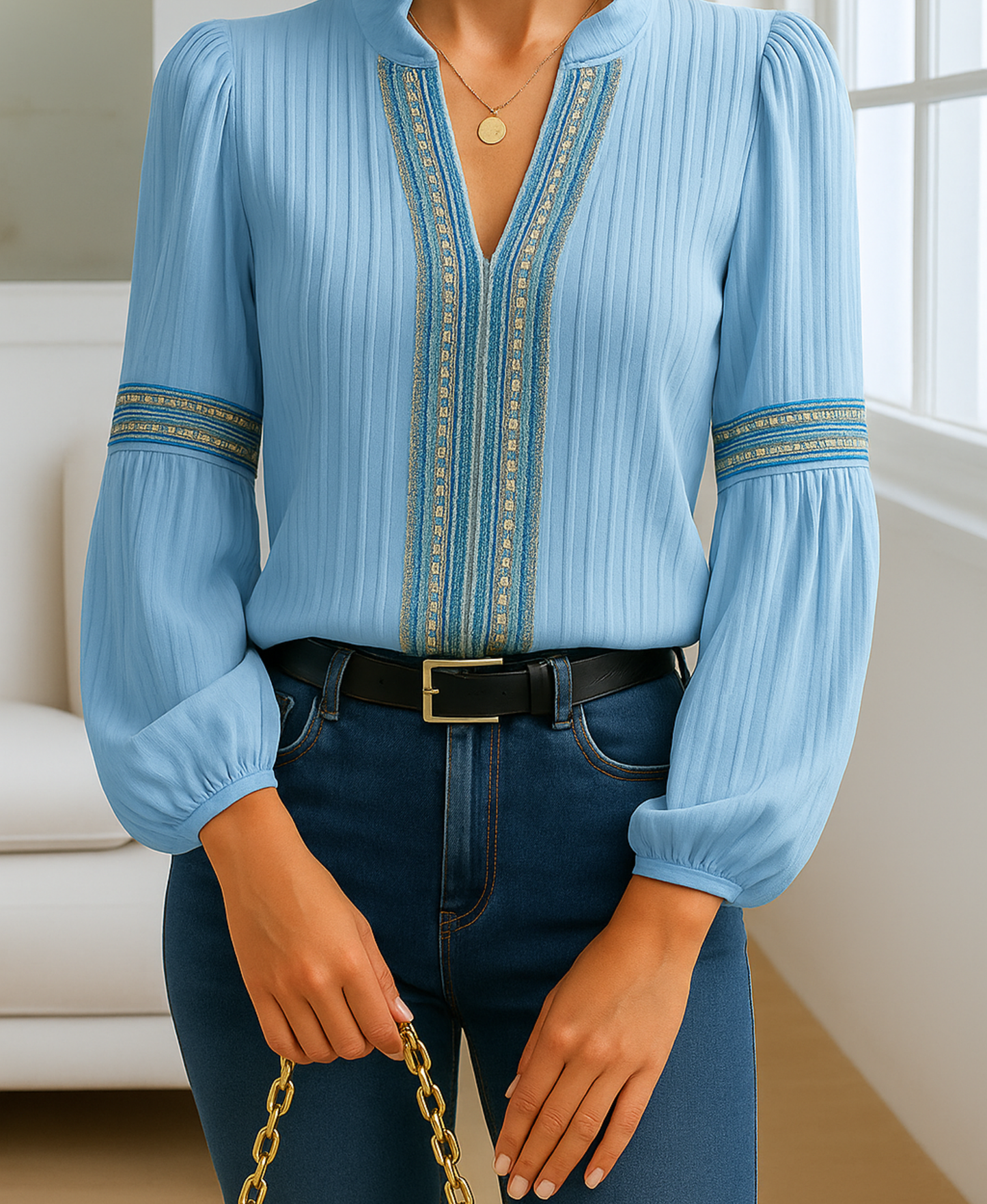 MODEGEIST Damen Vintage Bluse V-Ausschnitt Stickerei Weiß Elegant