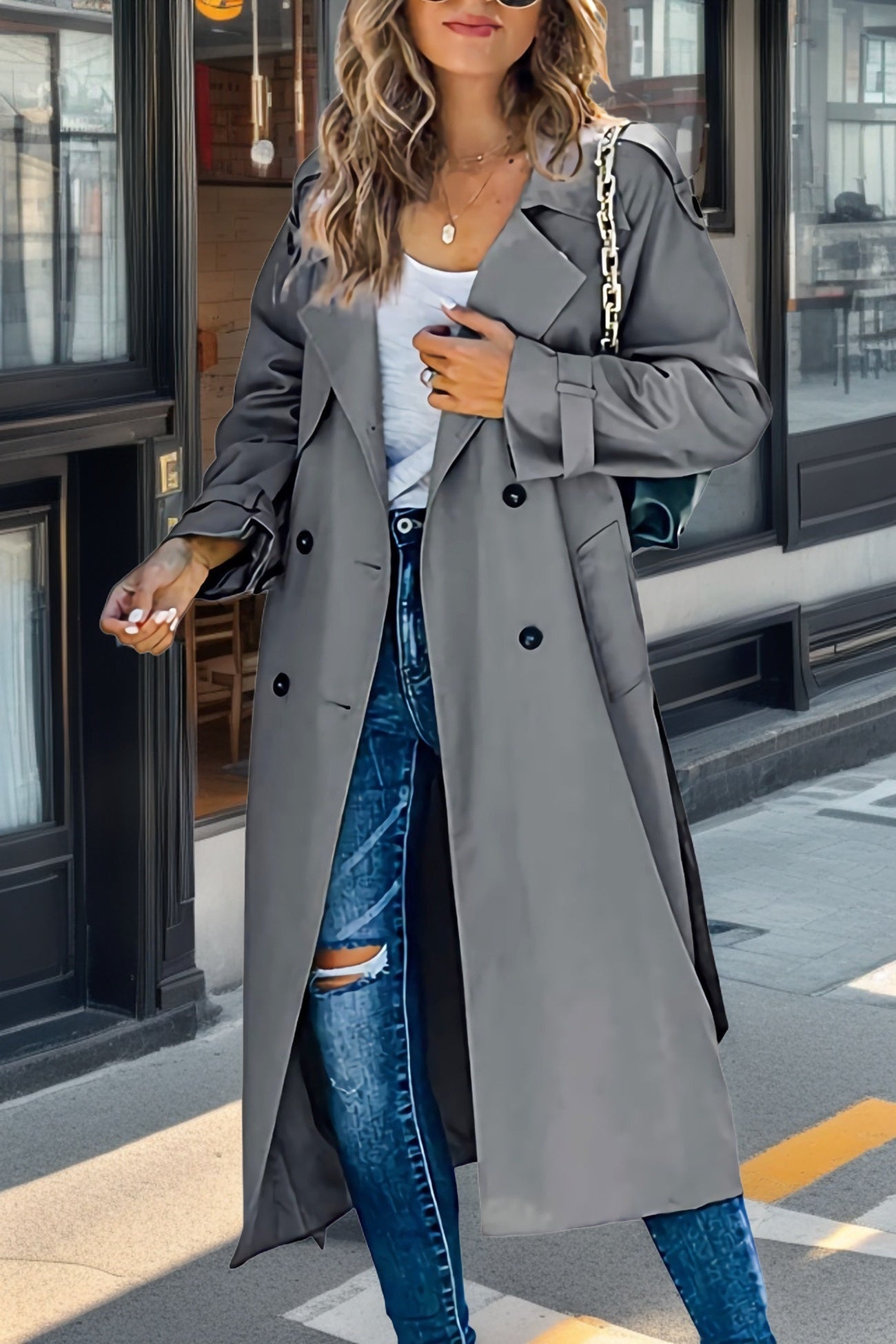 ModeGeist | Langer Trenchcoat für Damen Zweireiher
