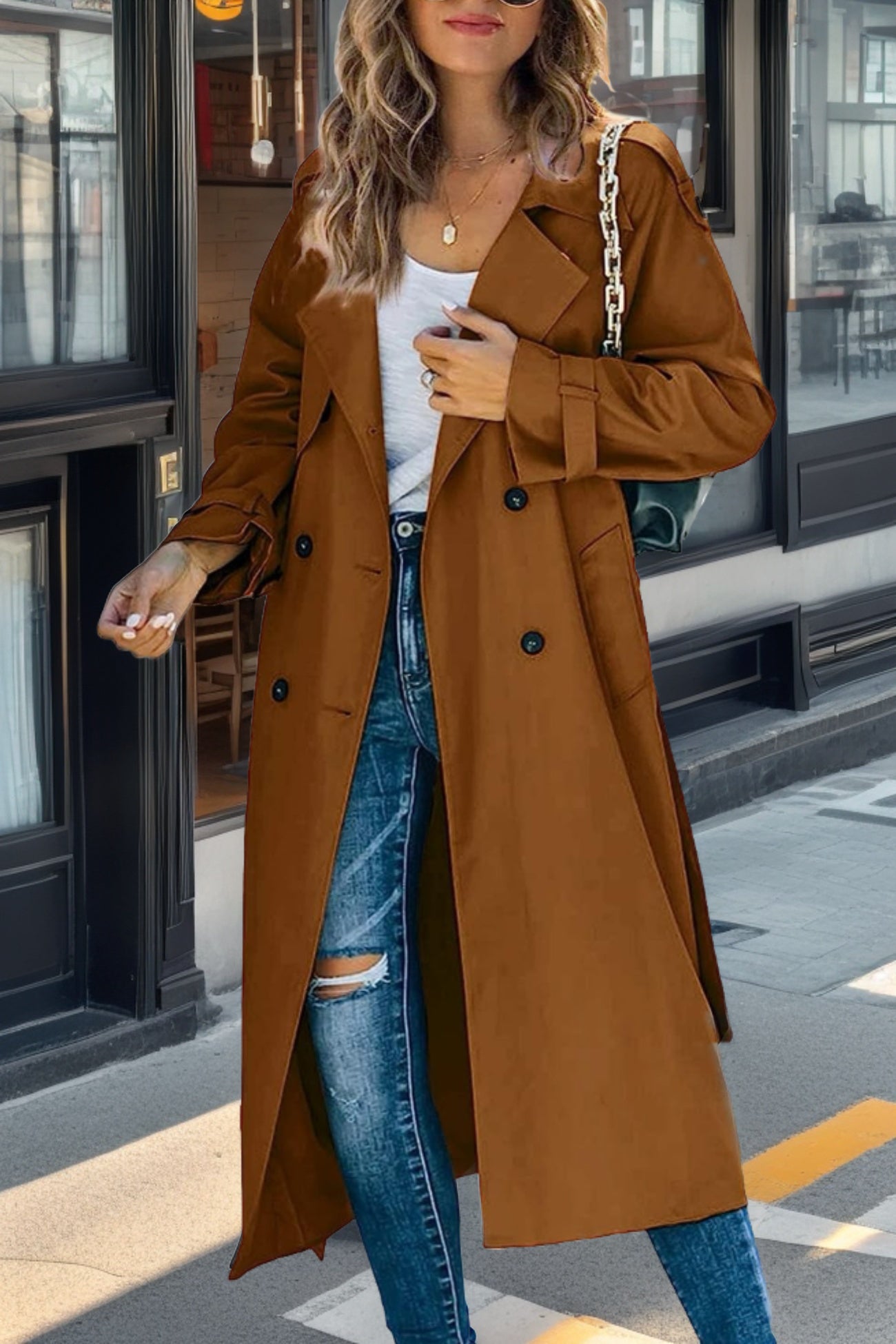 ModeGeist | Langer Trenchcoat für Damen Zweireiher