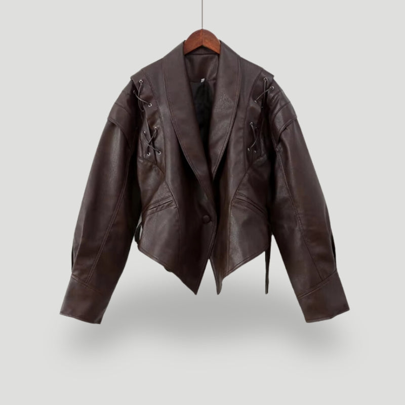 ModeGeist | Lederjacke - Wickeldesign - Gurtel Taille - Strukturierte Schultern - Schnürdetails