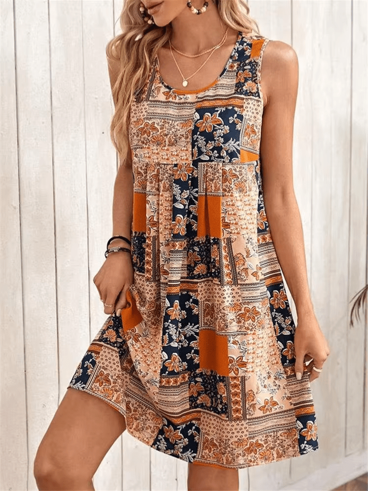 MODEGEIST Damen Mini-Kleid Patchwork-Print ärmellos Boho