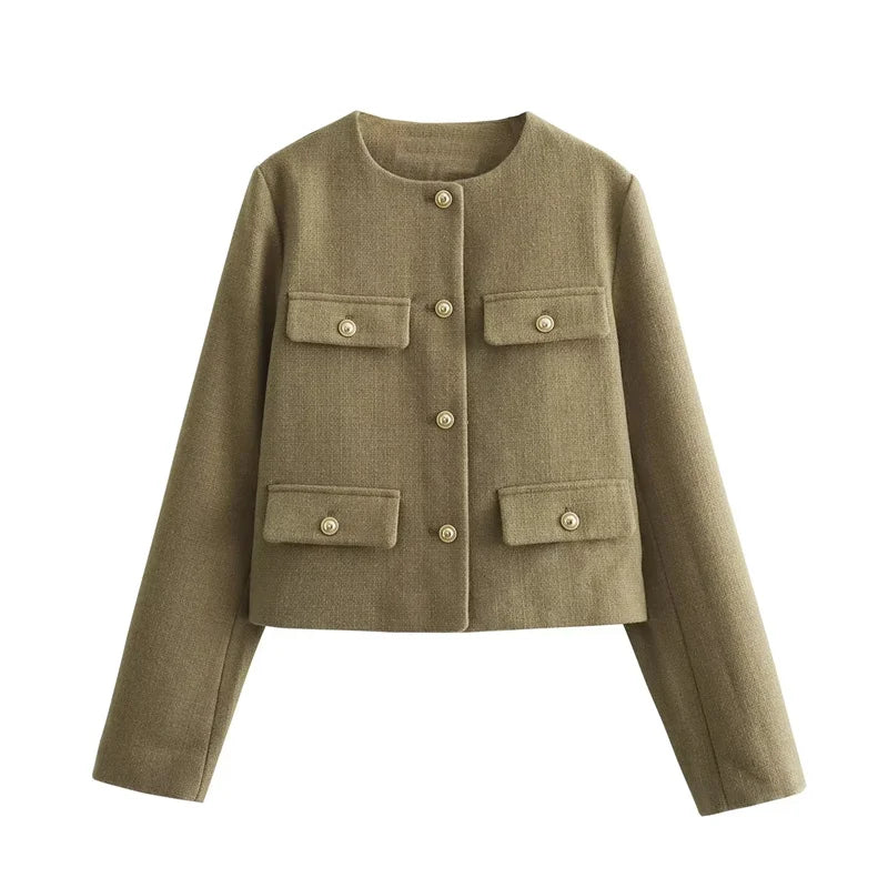 ModeGeist | Elegante Bouclé-jacke Goldknöpfe und Taschen Klassischer Stil