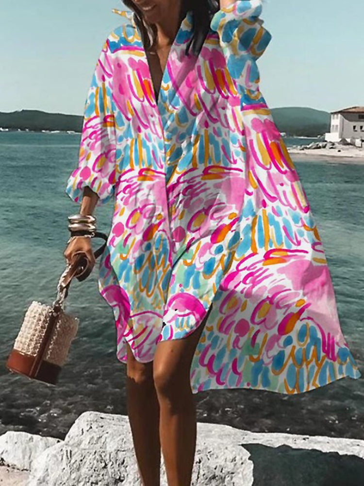 MODEGEIST Damen Midi-Hemdblusenkleid Oversize Kurzarm Baumwolle