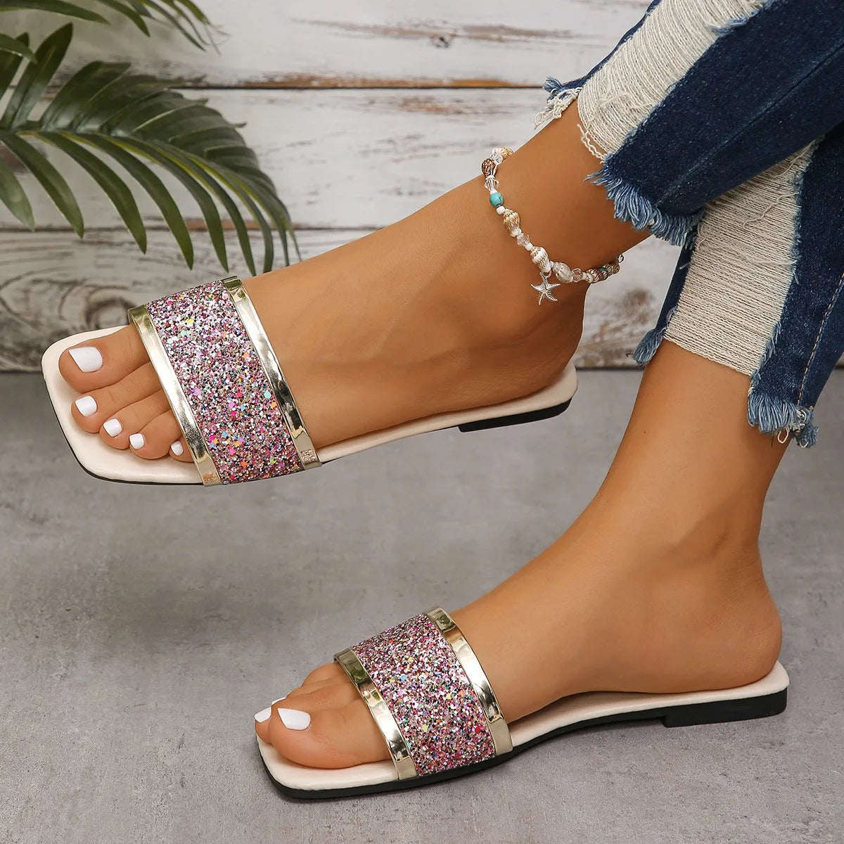 MODEGEIST Damen Glitzer Sandalen Strass Gepolsterte Sohle