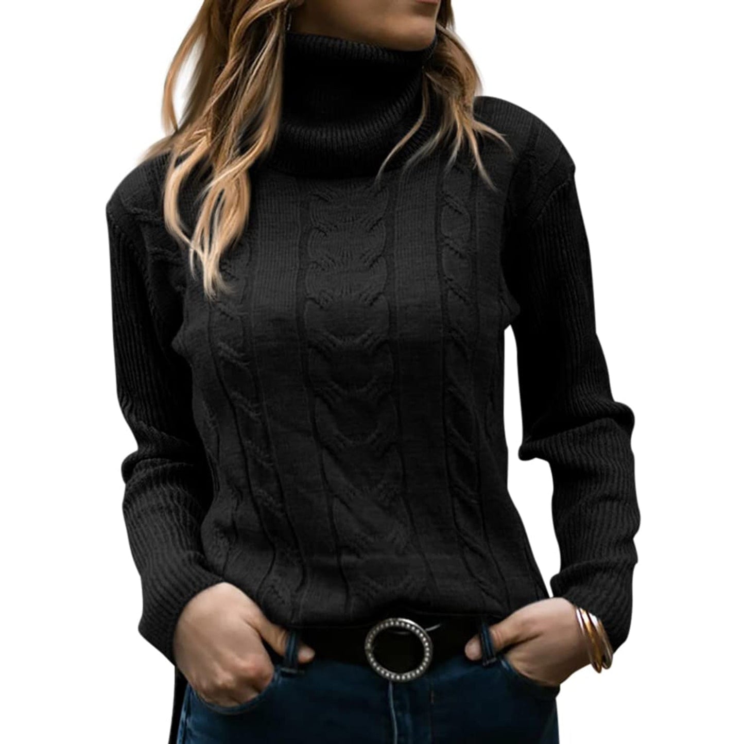 Damen-Rollkragenpullover in Zopfmuster