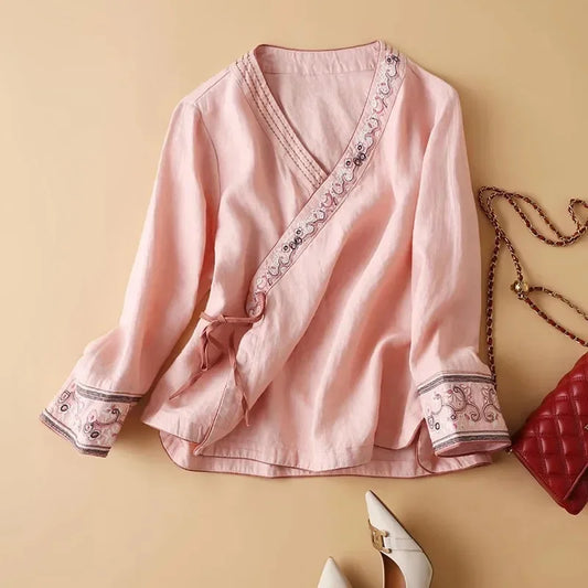 MODEGEIST Damen Bluse Bestickt V-Ausschnitt Weiß Entspannt