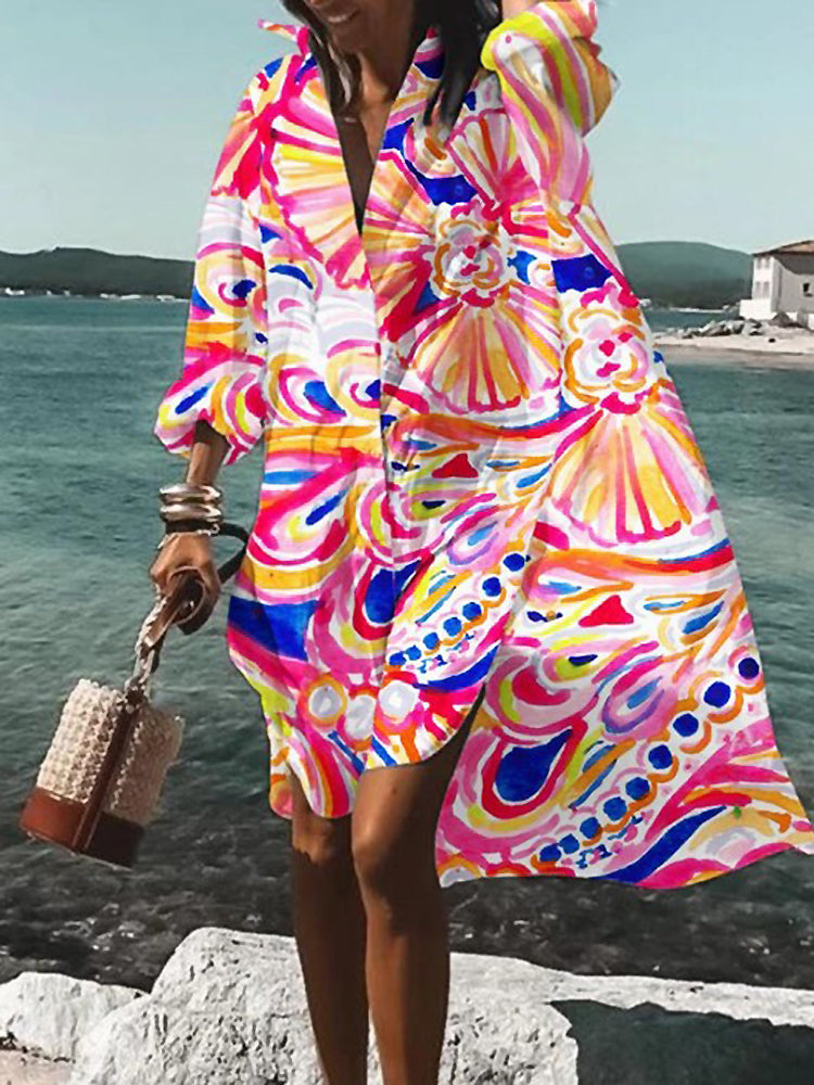 MODEGEIST Damen Midi-Hemdblusenkleid Oversize Kurzarm Baumwolle