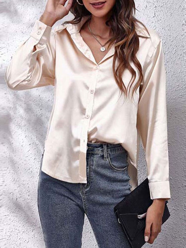 Damen-Bluse mit Knöpfen – Leichte Frühlingsbluse mit weitem Schnitt – Langarm-Oberteil aus Kunstseide