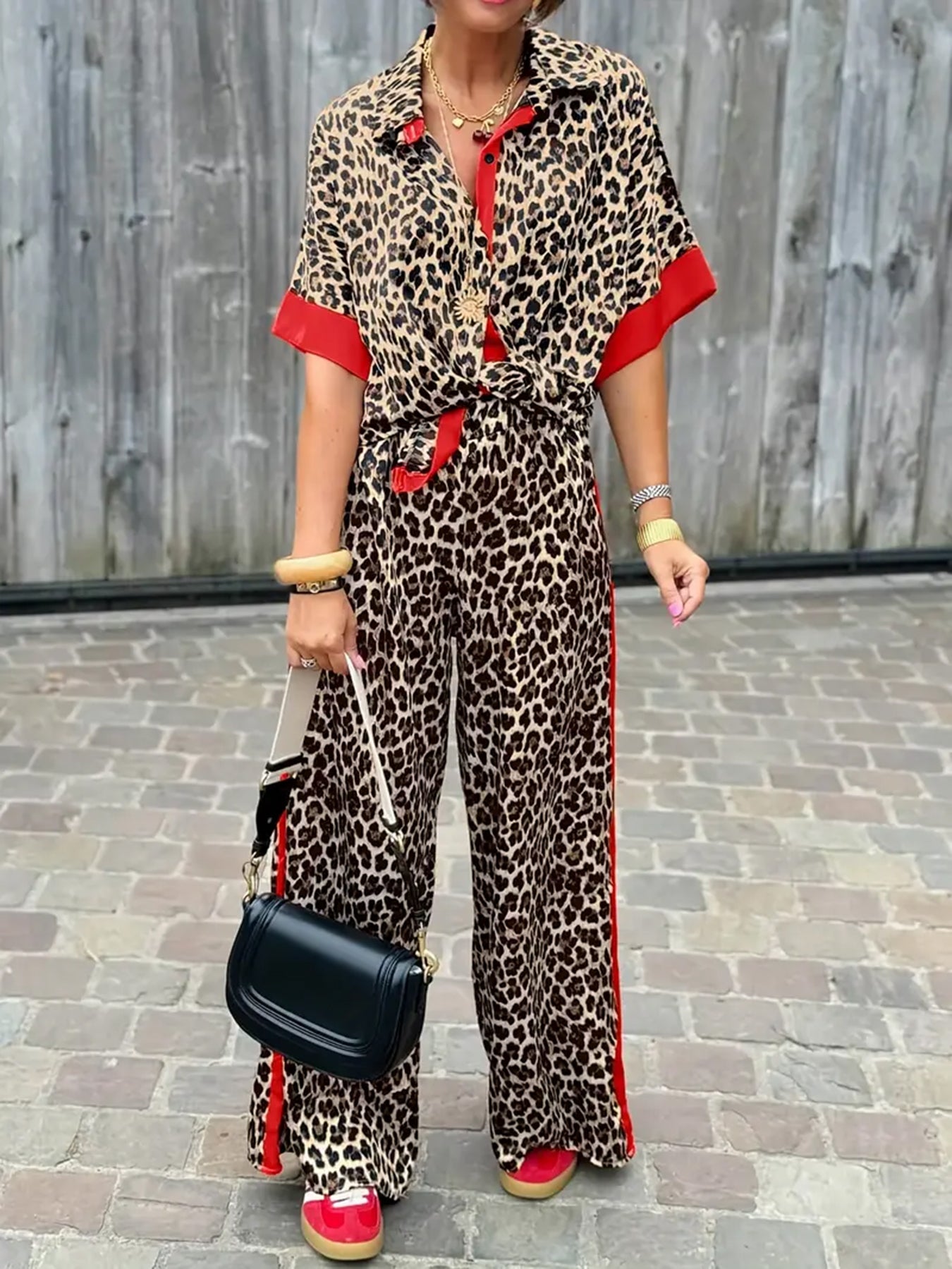 MODEGEIST Damen Wide-Leg Hose Leopprint Zweiteiler