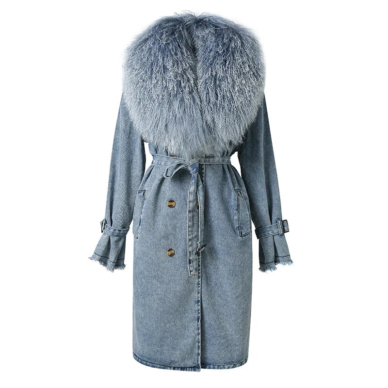 ModeGeist | Lange Denimjacke mit Kunstfell Baumwollmix Modern und Elegant