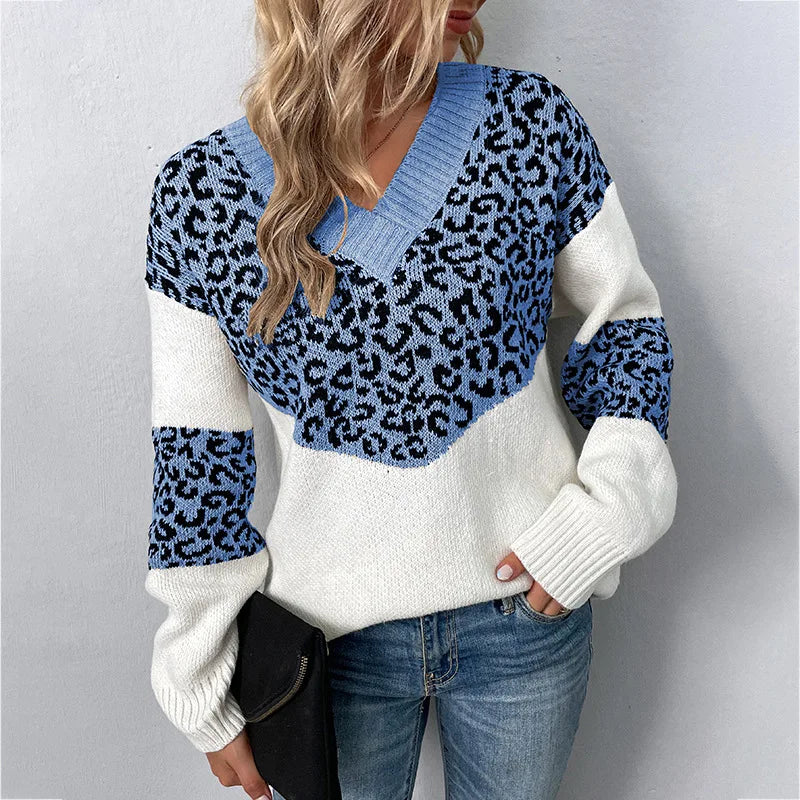 MODEGEIST Damen V-Ausschnitt Pullover Leopardenmuster Weichstrick