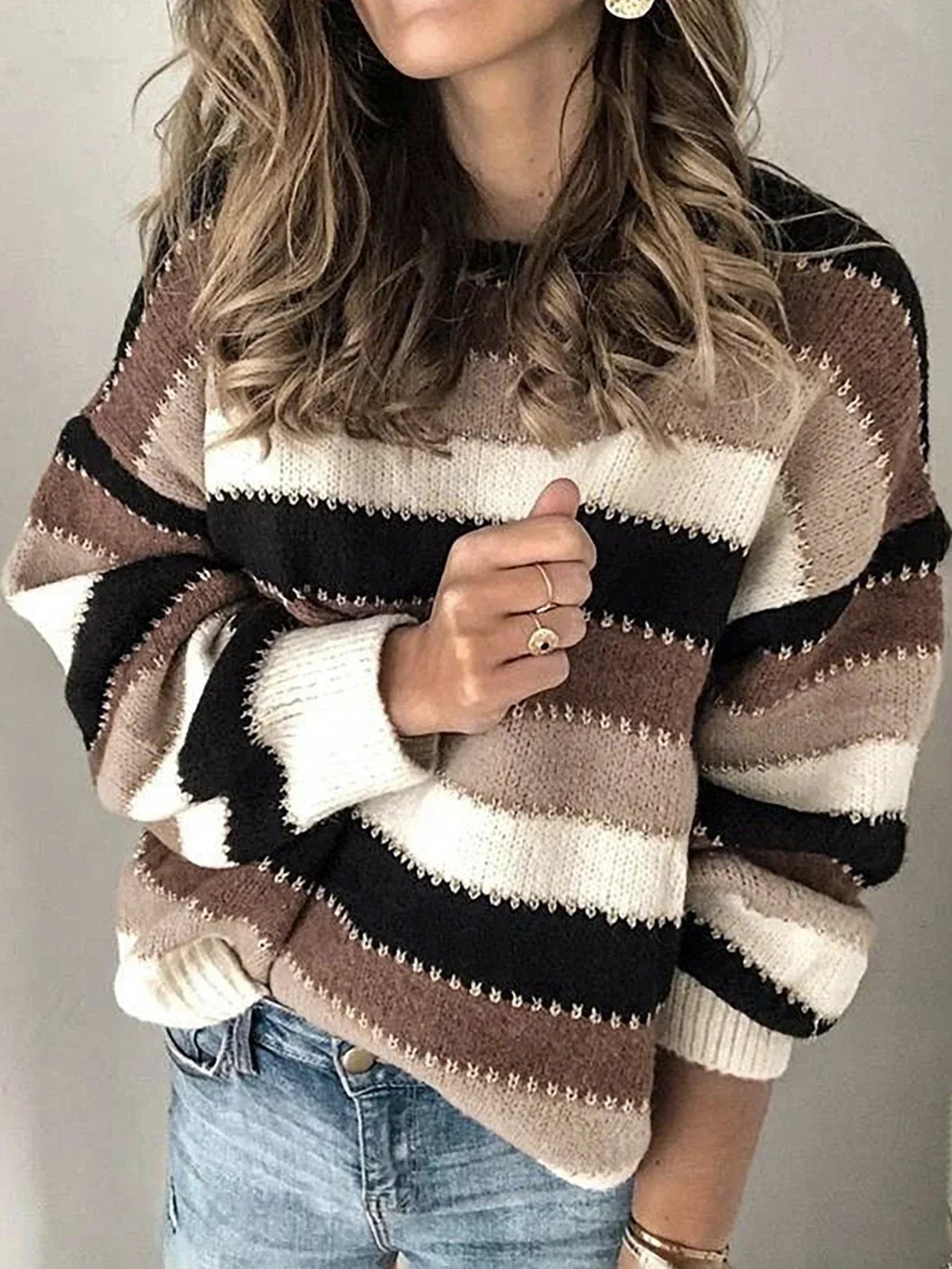 MODEGEIST Damen Pullover Loose-Fit Strick Grau Klassisch