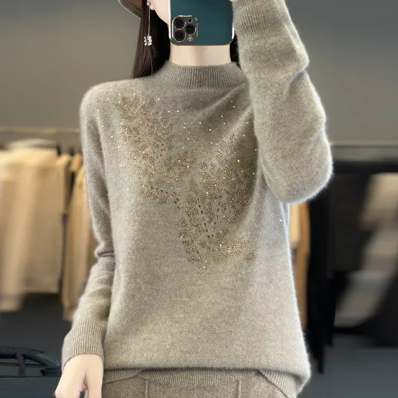 MODEGEIST Damen Pullover Verziert Blatt-Design Elegant Vielseitig