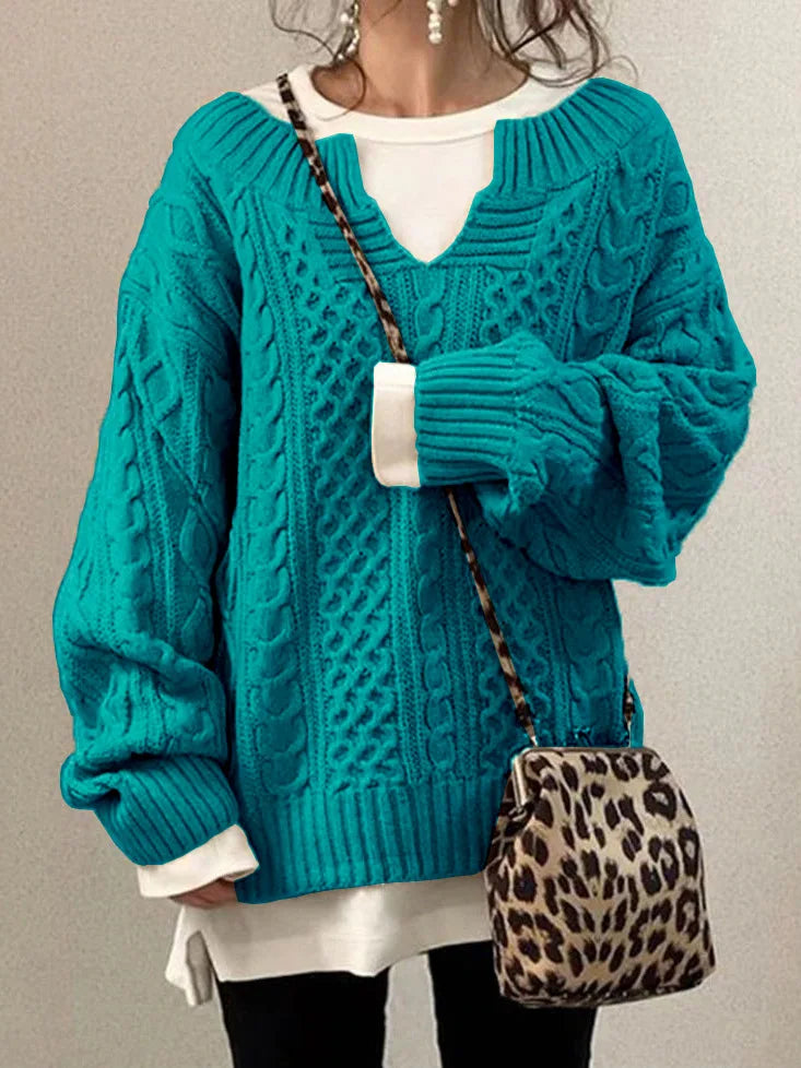 Damen-Pullover im Retro-Stil mit V-Ausschnitt und Zopfmuster