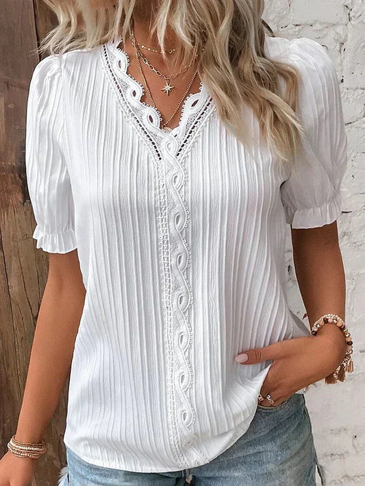 MODEGEIST Damen Bluse Spitzendetails Puffärmel Weiß