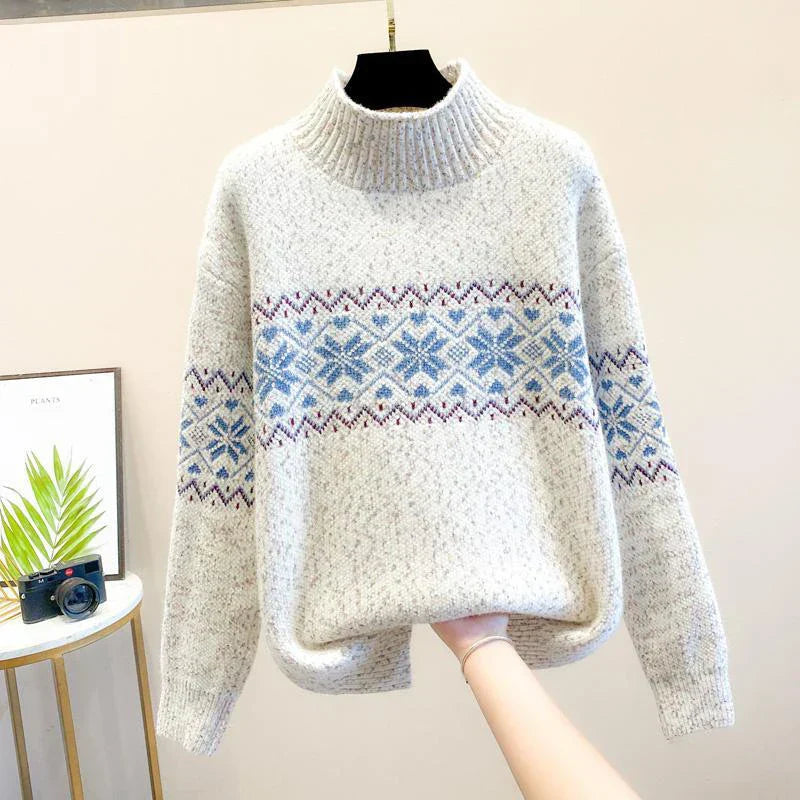 MODEGEIST Damen Strickpullover Schneeflocken-Muster Rollkragen Winter