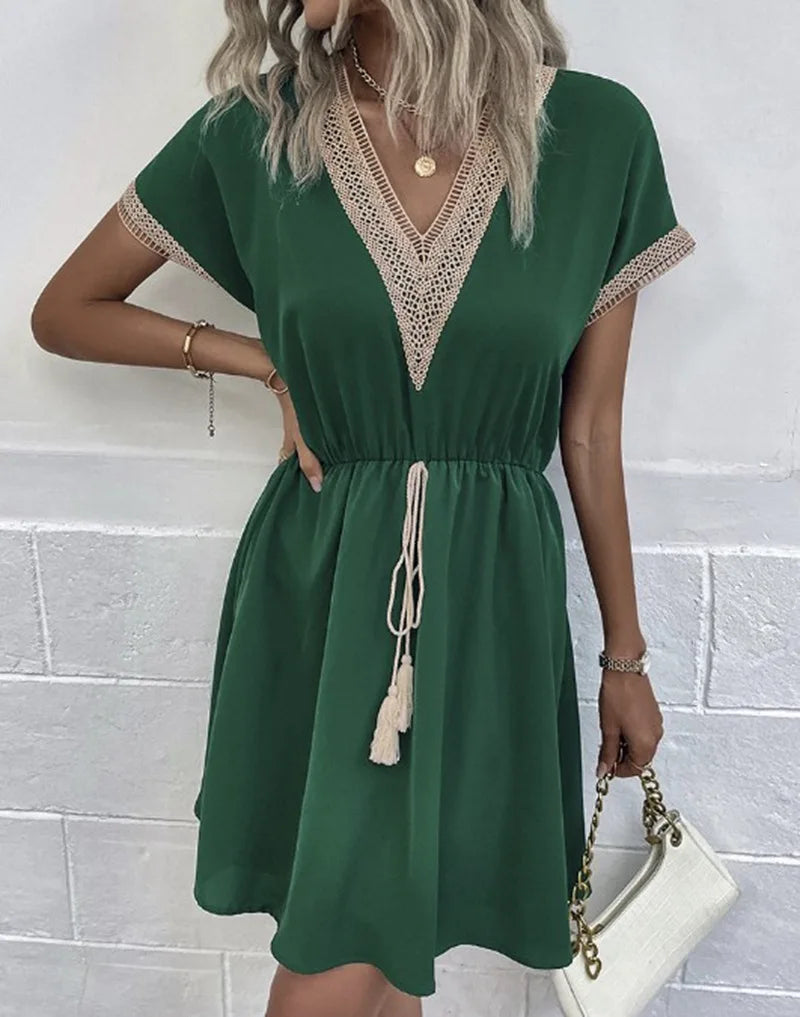 MODEGEIST Damen Boho-Kleid V-Ausschnitt Fließend Casual