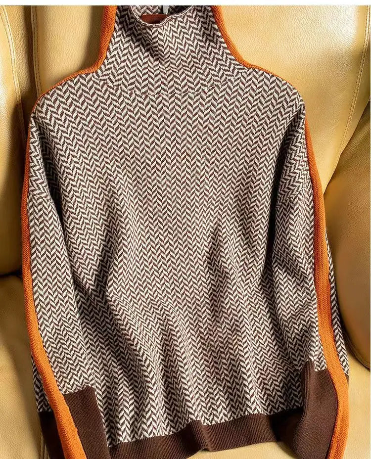 MODEGEIST Damen Rollkragen-Pullover Fischgrätenmuster Weich