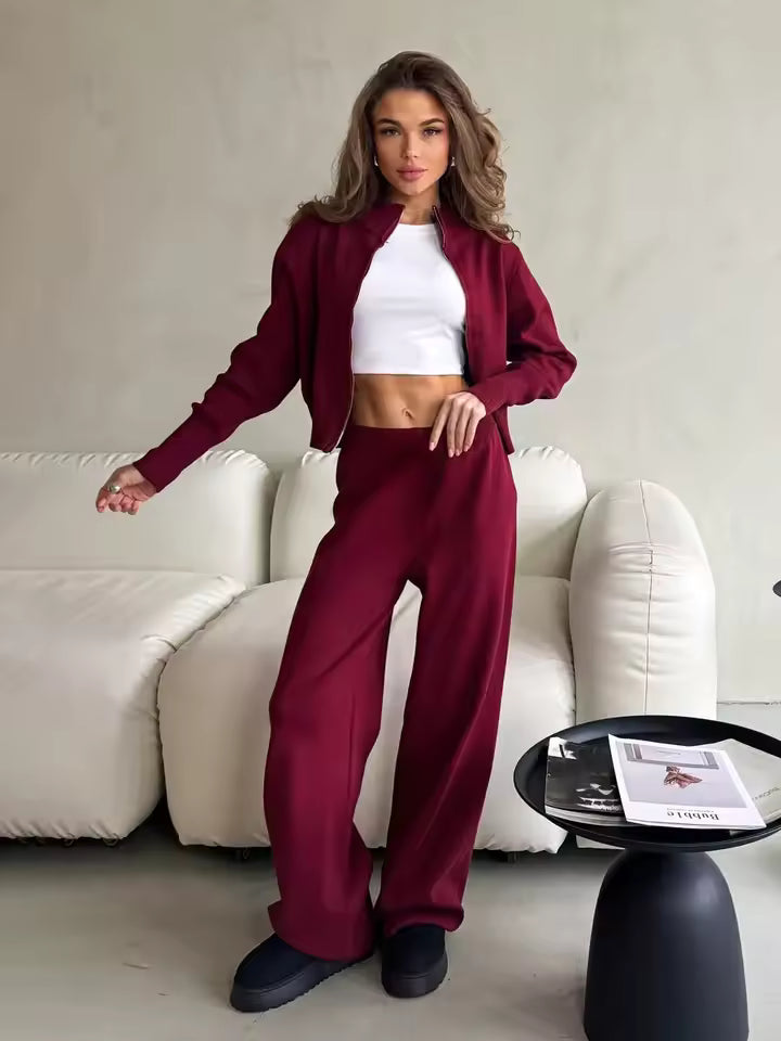 ModeGeist | Damen 2 Teiliges Loungewear Satz mit Reißverschlussjacke und Weitem Hosen