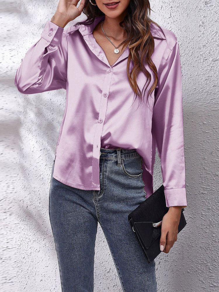 Damen-Bluse mit Knöpfen – Leichte Frühlingsbluse mit weitem Schnitt – Langarm-Oberteil aus Kunstseide