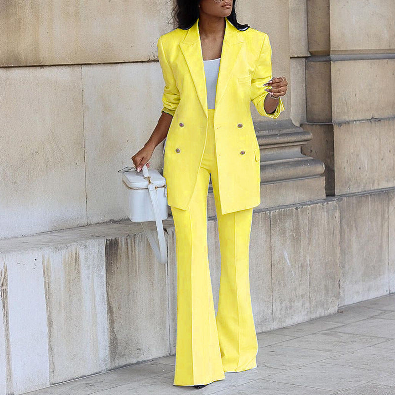 MODEGEIST Elegant Blue Button Jacket and Wide-Leg Trousers Two-Piece Set
