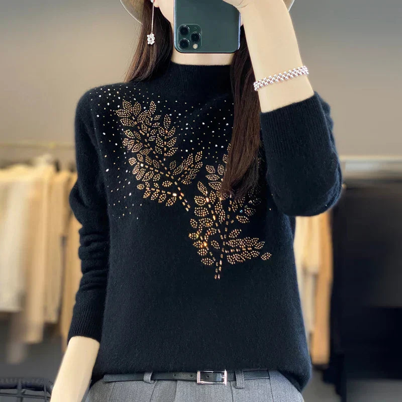 MODEGEIST Damen Pullover Verziert Blatt-Design Elegant Vielseitig