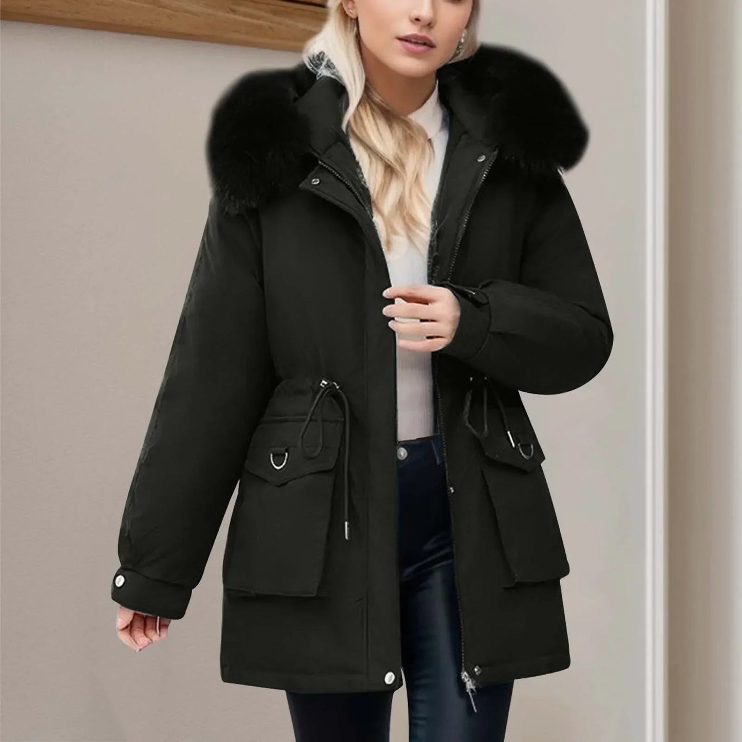 ModeGeist | Winter-Windbreaker mit Kapuze, Durchgehendem Reißverschluss, Taillenzug und Taschen