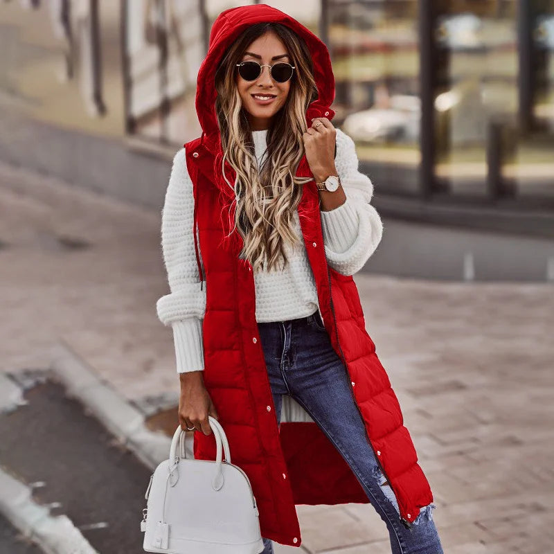 ModeGeist | Lange Pufferweste mit Kapuze Polyester Warm, Trendy