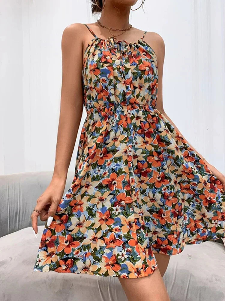 MODEGEIST Damen Sommer-Kleid Blumenmuster ärmellos A-Linie