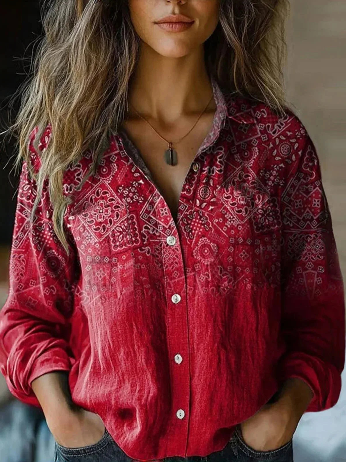 MODEGEIST Damen Bluse Langarm Blumenmuster Herbstfarben Knopfleiste