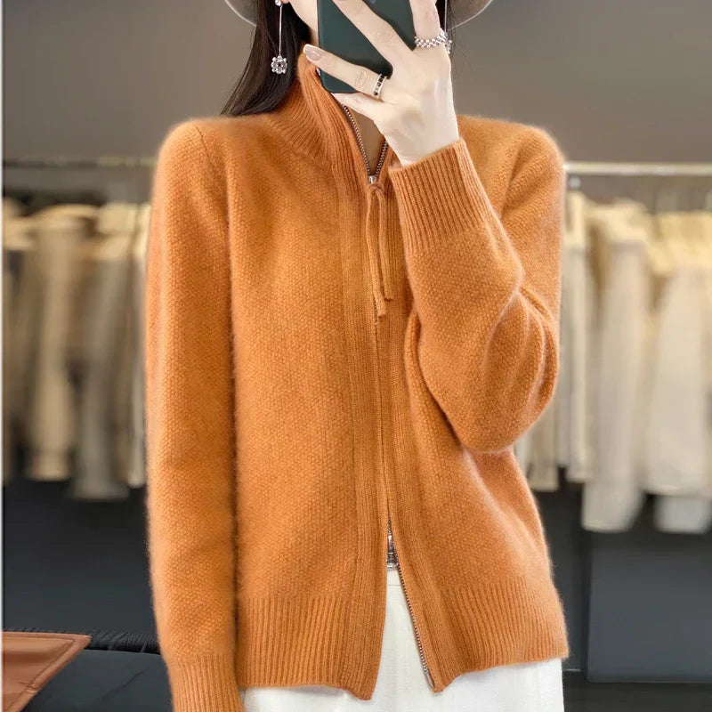 ModeGeist | Woll Cardigan Doppelter Reißverschluss und Hoher Kragen Weich und Elegant
