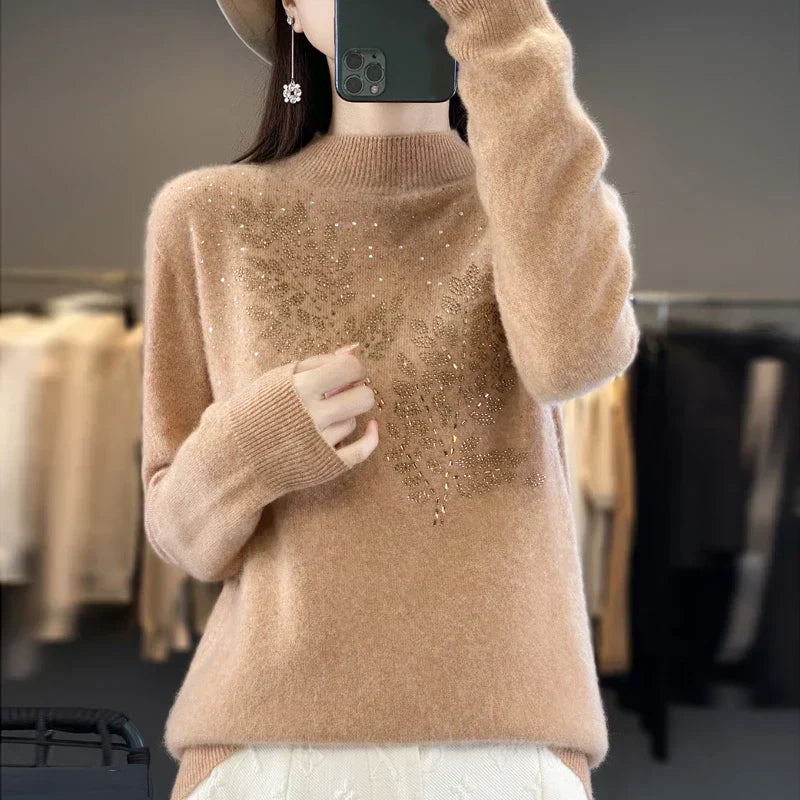 MODEGEIST Damen Pullover Verziert Blatt-Design Elegant Vielseitig